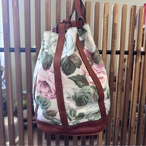Floral Canvas Drawstring Italian Backpack with Pink & Green Print and Brown Trim